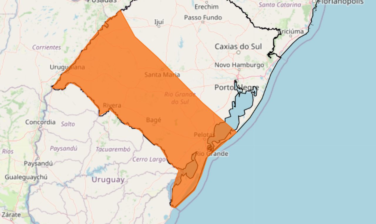 o mapa mostra as áreas em alerta para temporais e ventania